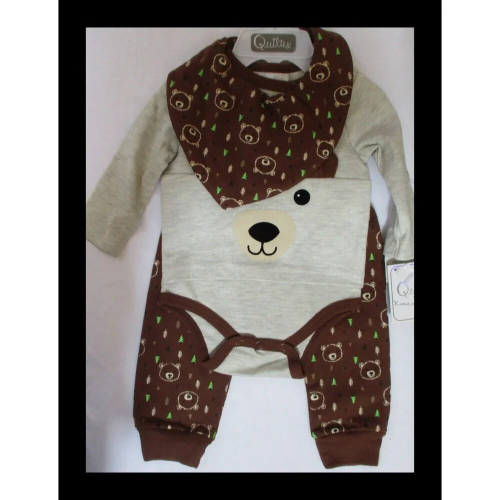 Quiltex 3 Pc Baby Set Brown Teddy Bear 0-3M NWT